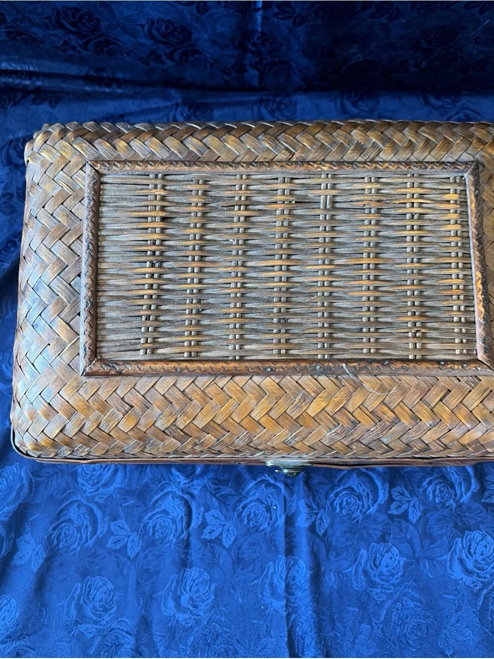 VTG Handwoven Rattan & Bamboo Trinket Box W/Metal Latch-13”x8.5”x7”
